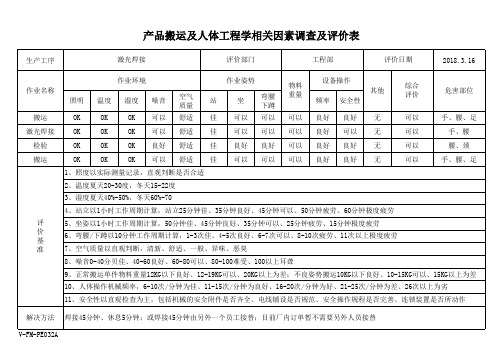 产品搬运及人体工程学相关因素调查表-IATF16949