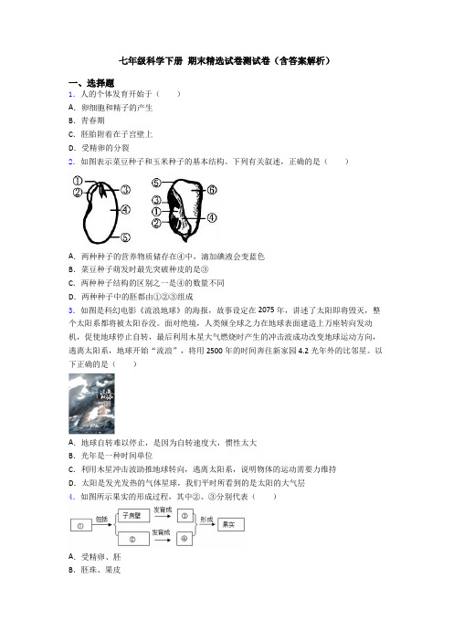 七年级科学下册 期末精选试卷测试卷(含答案解析)