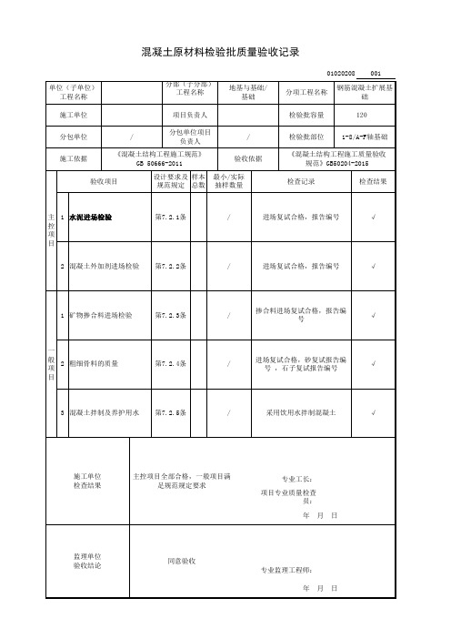 混凝土原材料检验批质量验收记录(钢筋混凝土扩展基础分项工程)