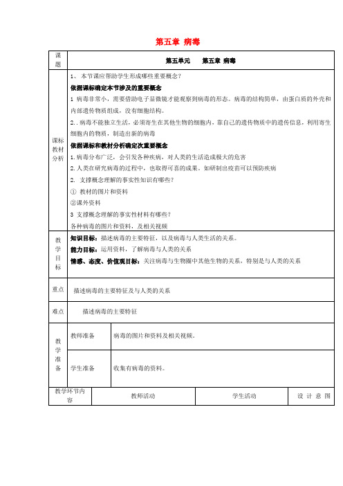 辽宁省大连市第六十六中学八年级生物上册 第五章 病毒教学设计 新人教版