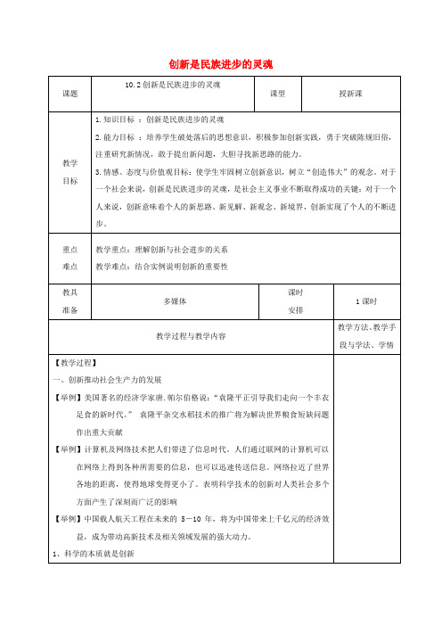 高中政治 10.2创新是民族进步的灵魂教案 新人教版必修4(2)