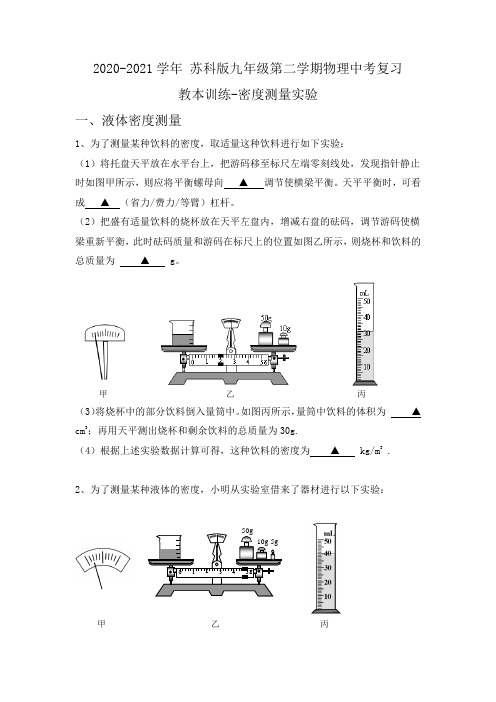 2021年中考物理复习训练密度测量实验