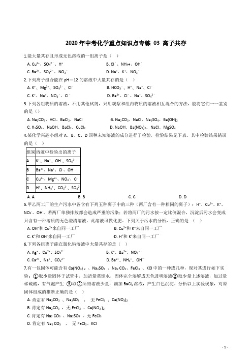 2020年中考化学重点知识点专练 03 离子共存