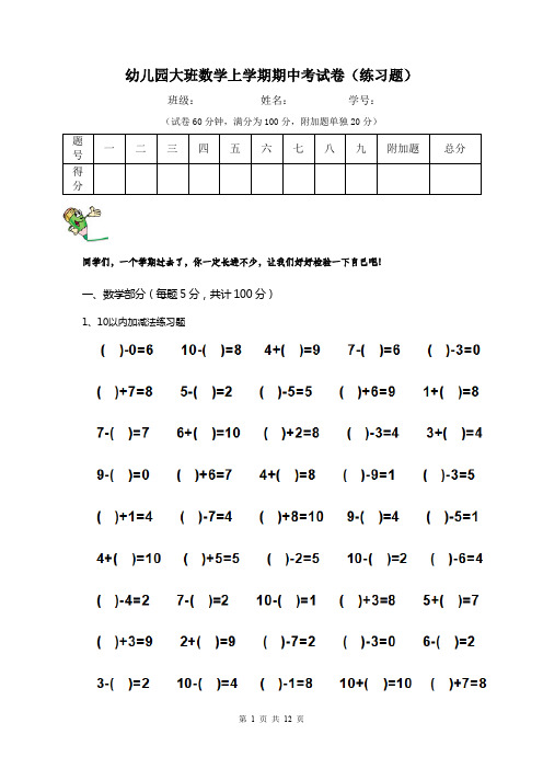 幼儿园大班数学上学期期中考试卷(练习题)