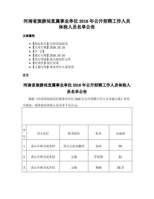 河南省旅游局直属事业单位2016年公开招聘工作人员体检人员名单公告