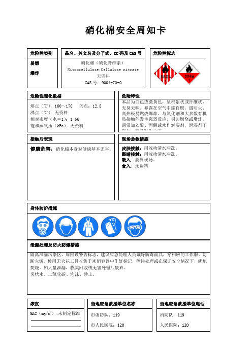 硝化棉安全周知卡、职业危害告知卡、理化特性表