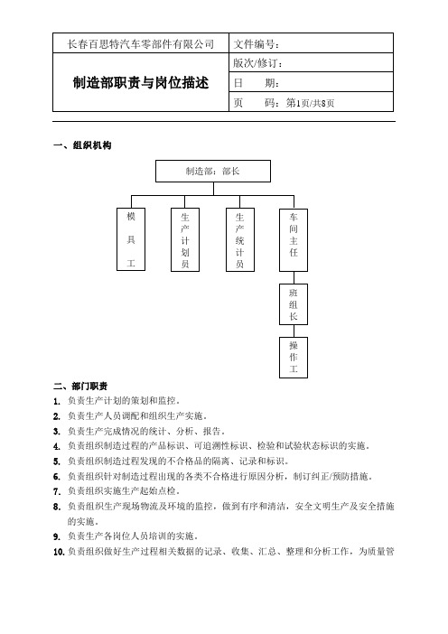 制造部职责与岗位描述