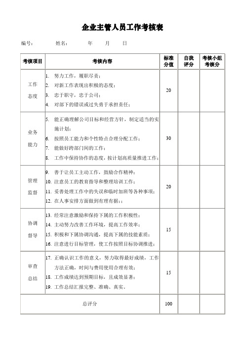 企业主管人员工作考核表