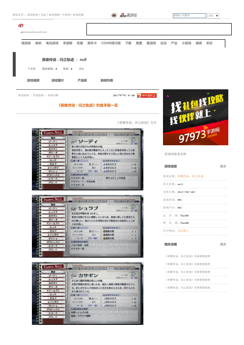 《英雄传说:闪之轨迹》钓鱼手册一览