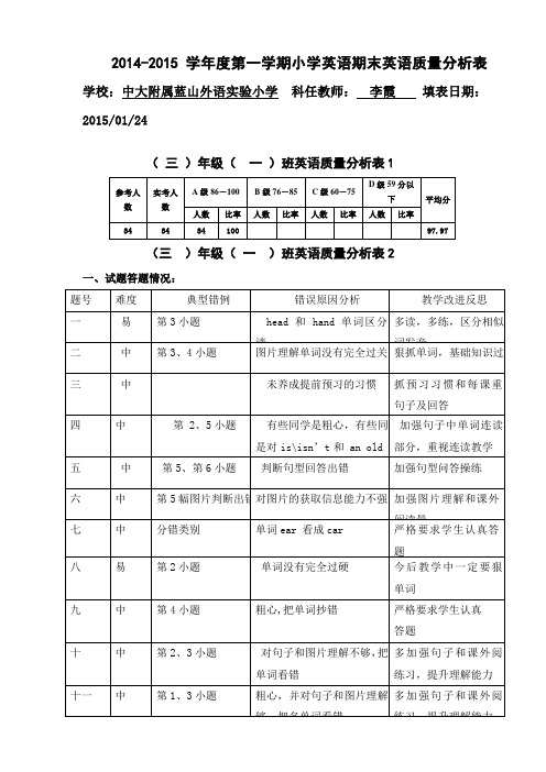 三年级英语期末质量分析表