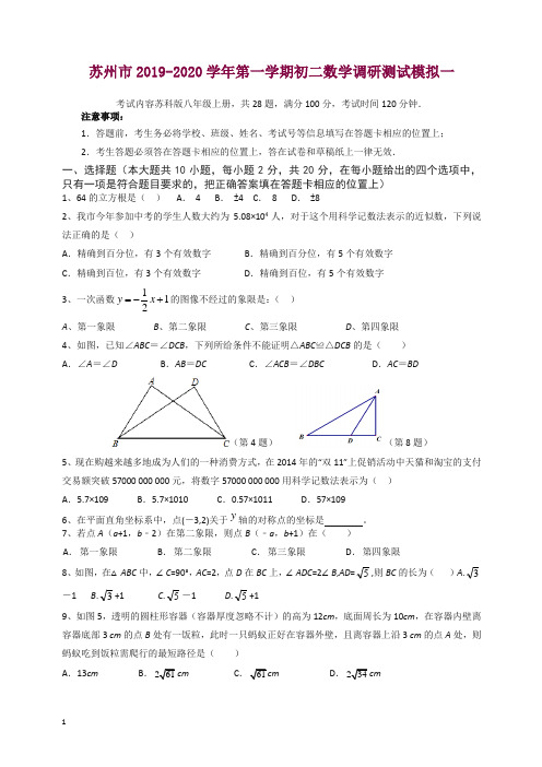 苏州市2019-2020学年第一学期初二数学调研测试模拟(一)及答案【精编】.doc