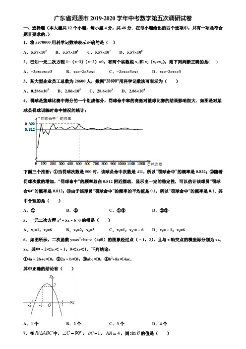 广东省河源市2019-2020学年中考数学第五次调研试卷含解析