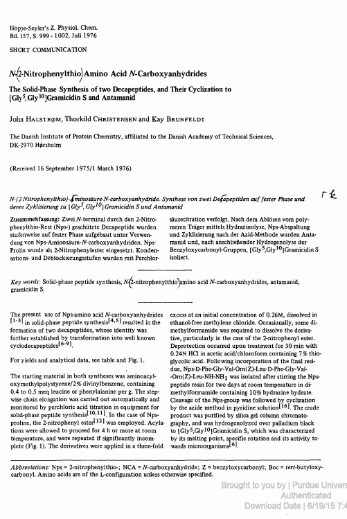 Amino Acid N-Carboxyanhydrides The Solid-Phase Synthesis of two Decapeptides