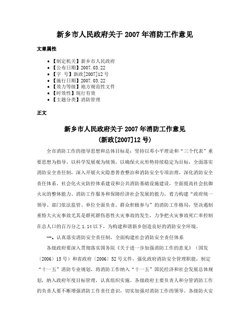 新乡市人民政府关于2007年消防工作意见