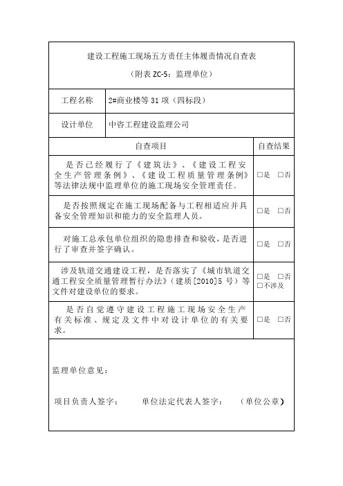 建设工程施工现场五方责任主体履责情况自查表监理单位