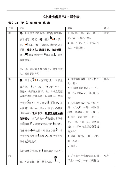 人教部编版一年级语文下册第八单元《小壁虎借尾巴》写字表