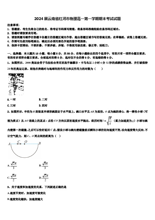 2024届云南省红河市物理高一第一学期期末考试试题含解析