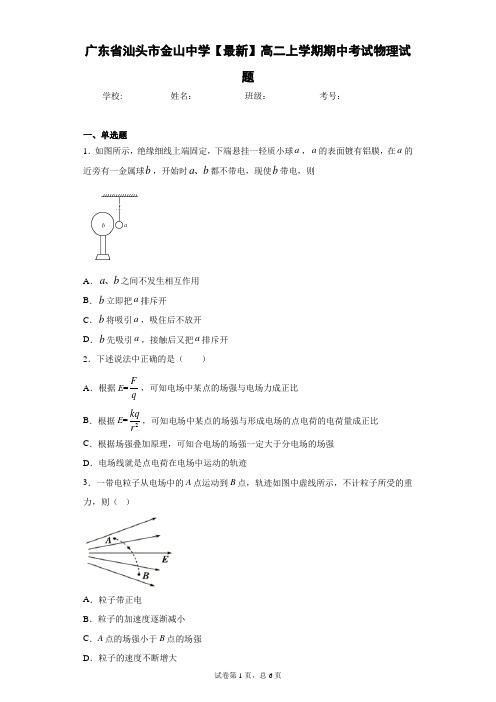 广东省汕头市金山中学2020-2021学年高二上学期期中考试物理试题含答案解析