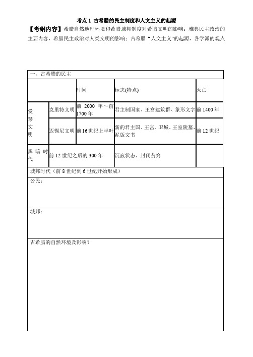 高三历史一轮复习古希腊的民主制度和人文主义的起源学案