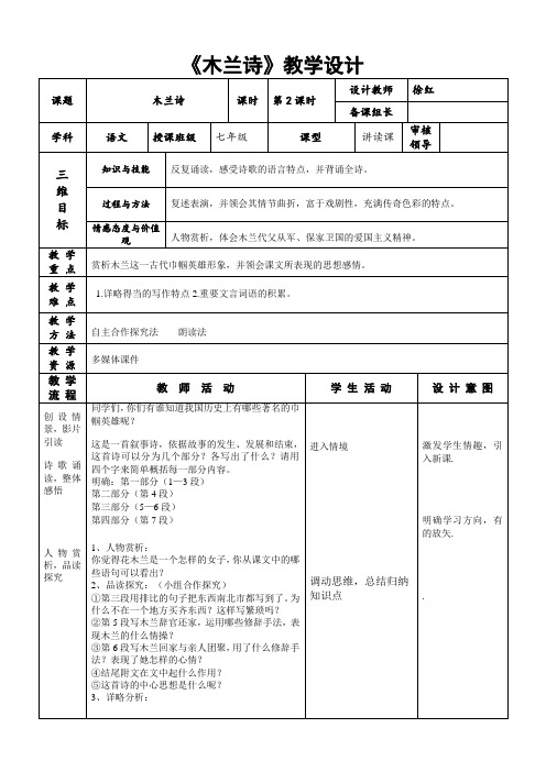 《木兰诗》第二课时教学设计 -