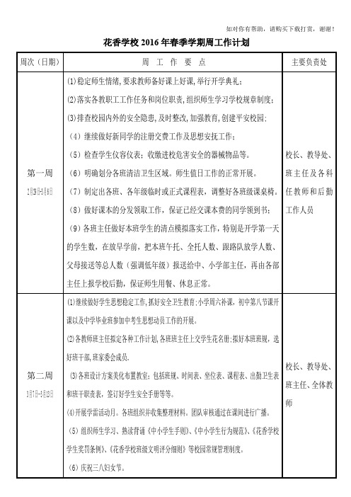 2016年春季学期周工作计划