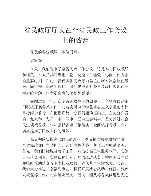 省民政厅厅长在全省民政工作会议上的致辞