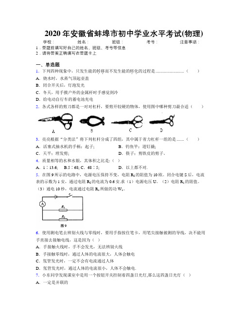 最新2020年安徽省蚌埠市初中学业水平考试(物理)及解析