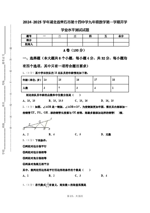 2024-2025学年湖北省黄石市第十四中学九年级数学第一学期开学学业水平测试试题【含答案】