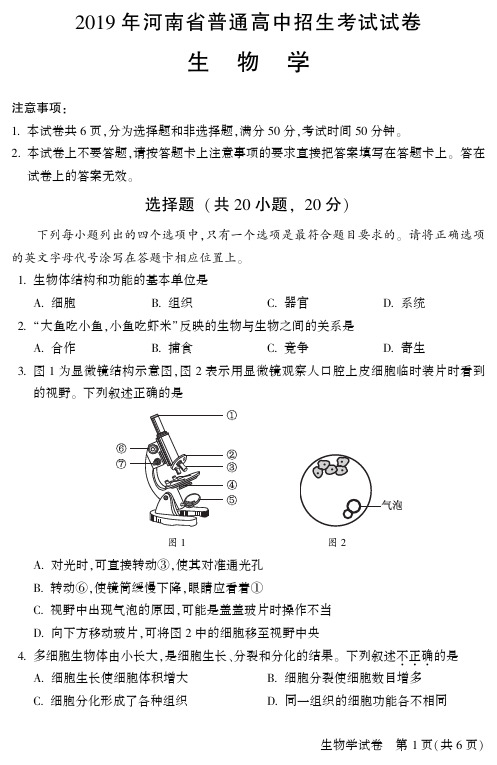 2019 年河南省普通高中招生考试生物试卷