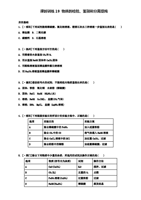 湖南省中考化学课时训练19物质的检验鉴别和分离提纯练习