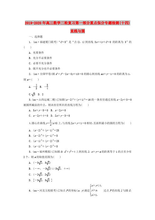 2019-2020年高三数学二轮复习第一部分重点保分专题检测(十四)直线与圆