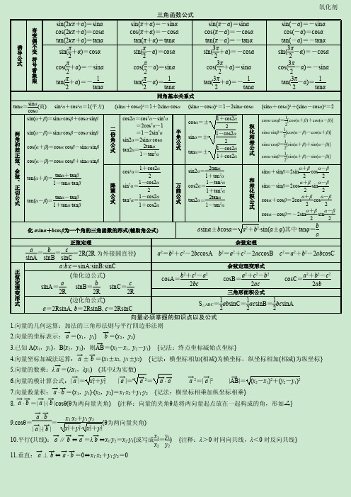 三角函数公式以及向量公式