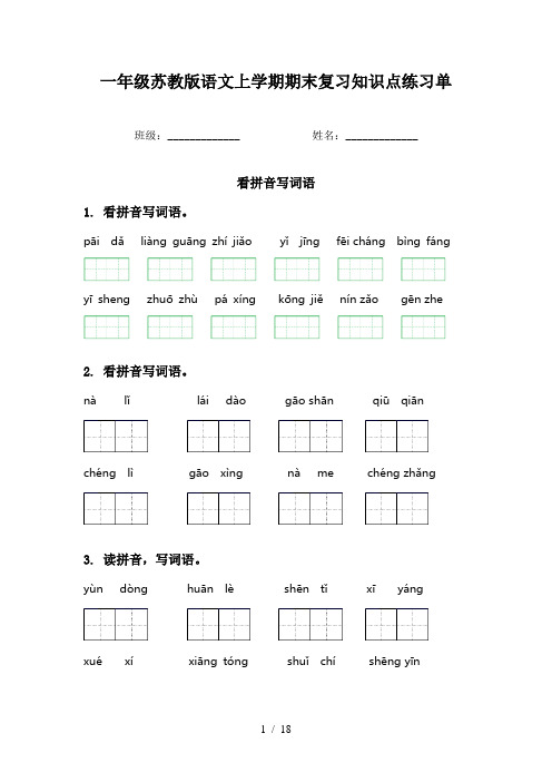 一年级苏教版语文上学期期末复习知识点练习单