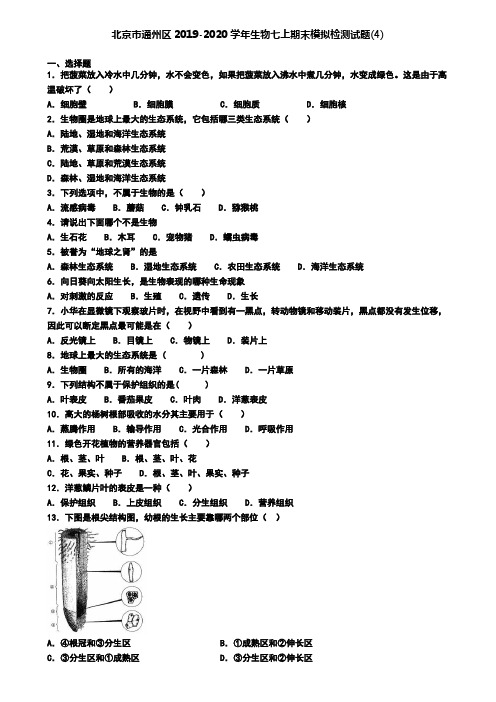 北京市通州区2019-2020学年生物七上期末模拟检测试题(4)