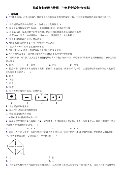 盐城市七年级上册期中生物期中试卷(含答案)