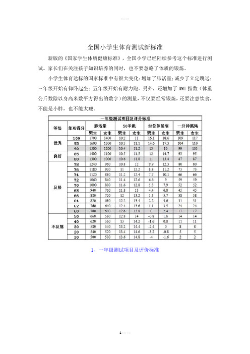 全国小学生体育测试新标准