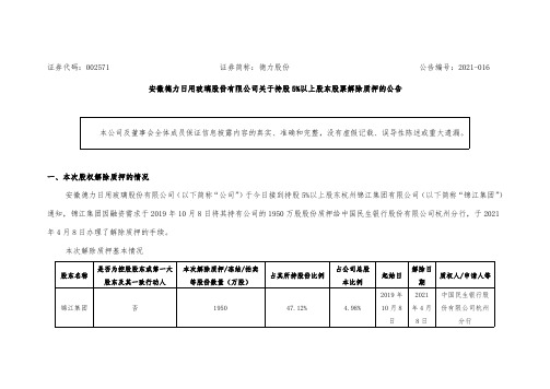 002571德力股份：安徽德力日用玻璃股份有限公司关于持股5%以上股东股票解除质押的公告