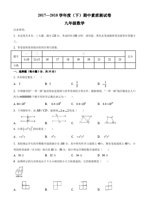 河南省驻马店市平舆县2017-2018学年(下)期中测试卷  九年级数学(无答案)