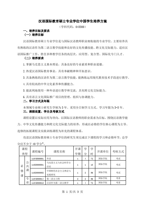 汉语国际教育硕士专业学位中国学生培养方案