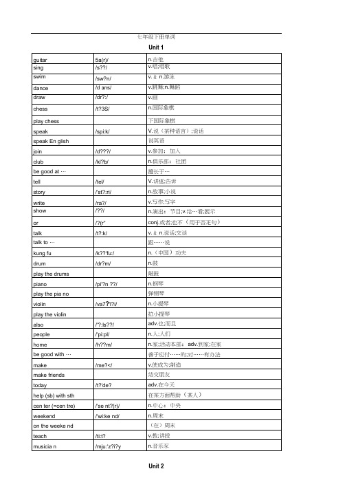 七年级下册英语单词汇表