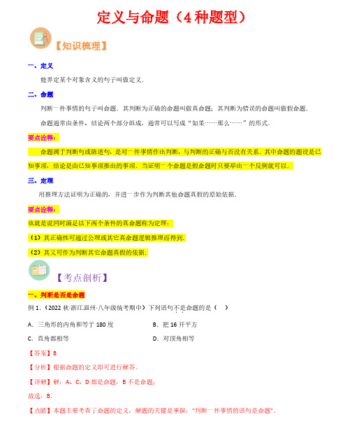 定义与命题(4种题型)-2023年新八年级数学核心知识点与常见题型(浙教版)(解析版)