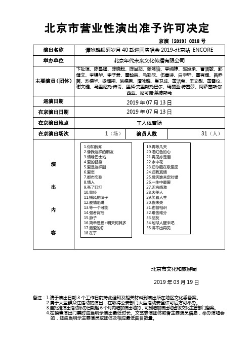 北京营业性演出准予许可决定