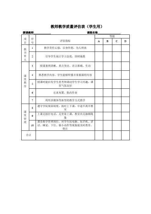 教师教学质量评价表(学生用)