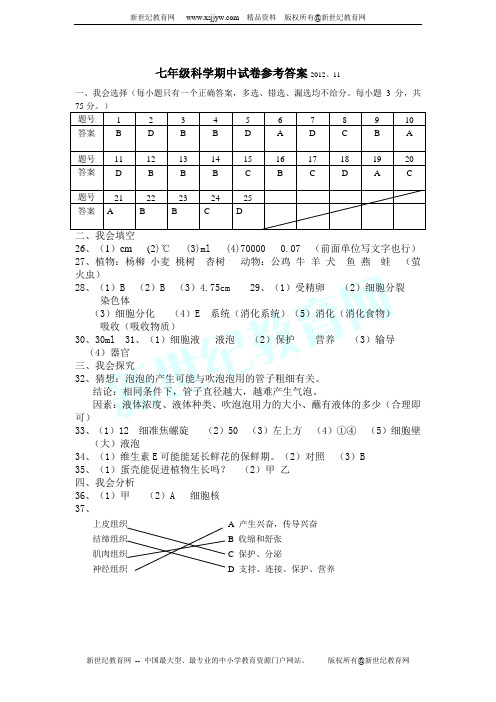 2012年七年级上学期期中考试科学试题2012.11(到第2章结束)