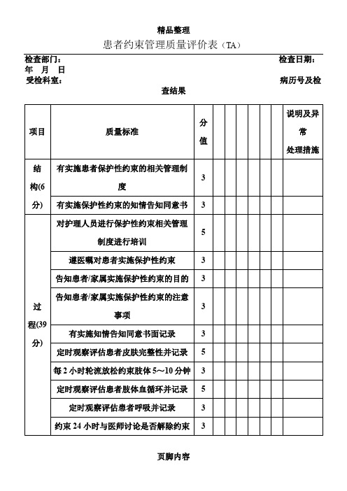 患者约束管理质量评价表