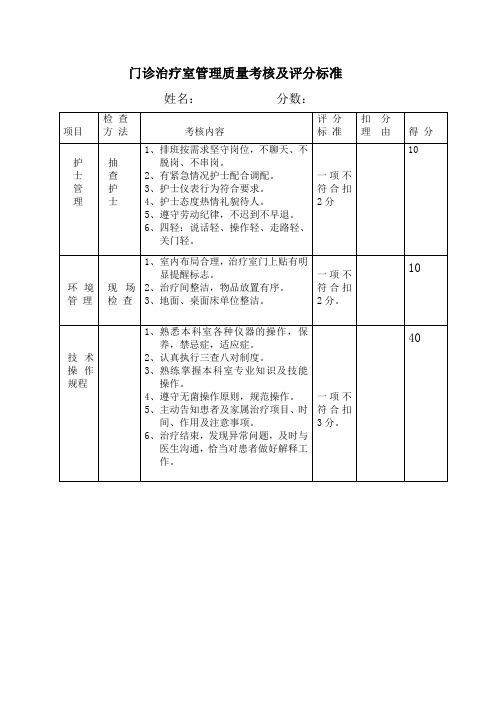 门诊治疗室质控检查标准