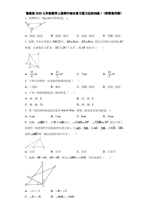 鲁教版2020七年级数学上册期中综合复习能力达标训练题1(附答案详解) (1)