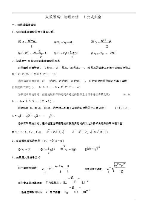 人教版高中物理必修一公式大全