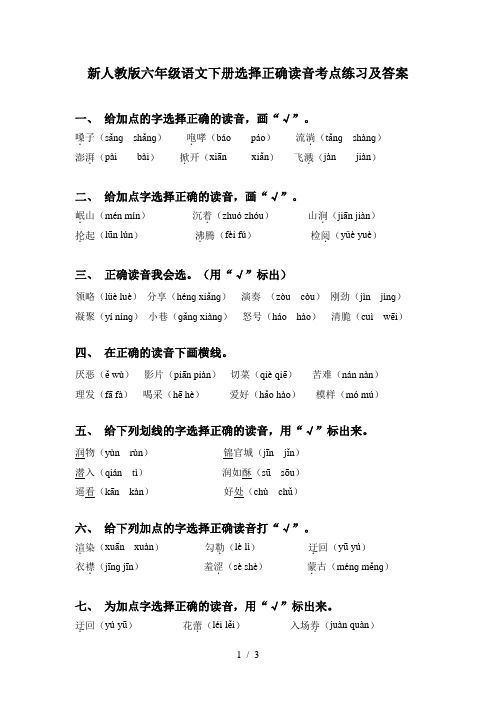 新人教版六年级语文下册选择正确读音考点练习及答案