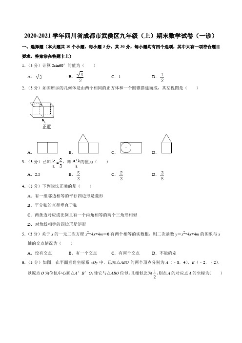 2020-2021学年四川省成都市武侯区九年级(上)期末数学试卷(一诊)